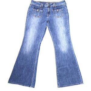 Flare Jeans Womens 14 Regular Blue Excellent Front Flap Pockets Mid Rise Stretch